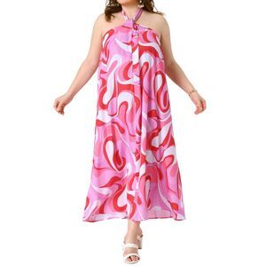 Plus Size Maxi Colorful Halter Sleeveless Boho Summer Beach Dress Red Pink